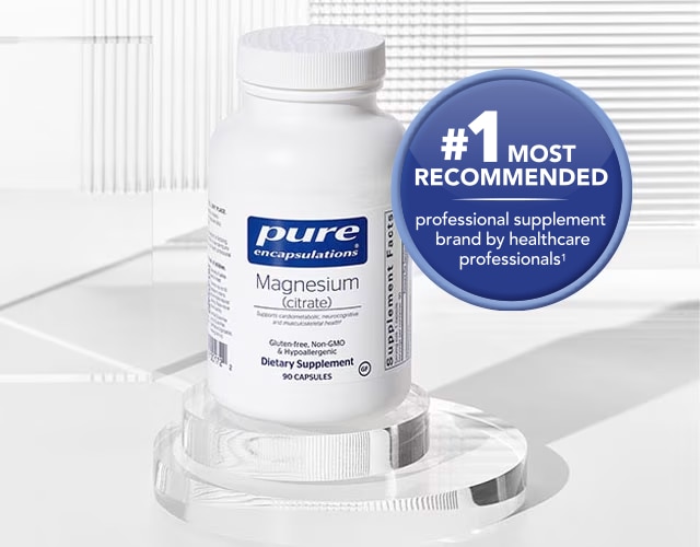 Image of Pure Encapsulations magnesium citrate bottle in a modern, white setting, with seal reading '#1 most recommended professional supplement brand by healthcare professionals'